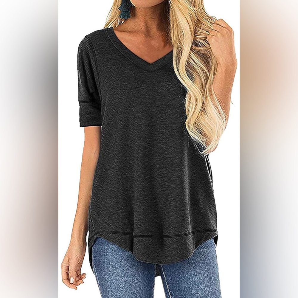 JomeDesign Summer Tops for Women Short Sleeve Side Split Casual Loose Tunic Top